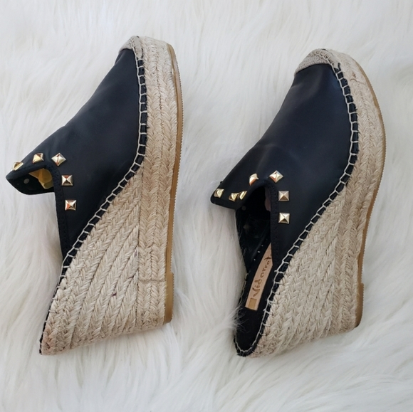 Vidoretta Black Leather Studded Raffia Jute Wedge Sandals Size 11 - Picture 7 of 11